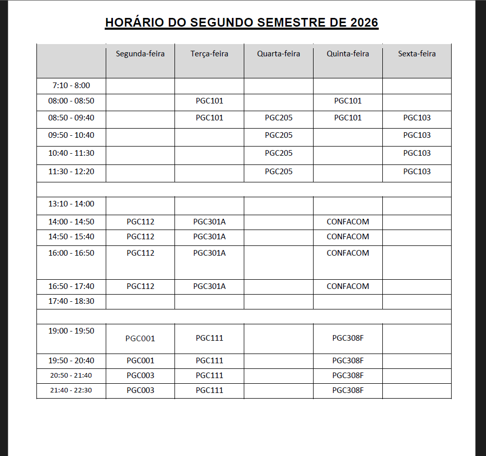Horário de aula 2026/1